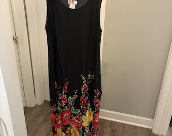 R&K Originals Vtg 90s Y2K Black Floral Dress  8 Rayon Whimsygoth Indie Vacation