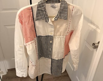 Vintage Teddi Blouse Patchwork Button Down 80s Retro Med Grandmacore Eclectic