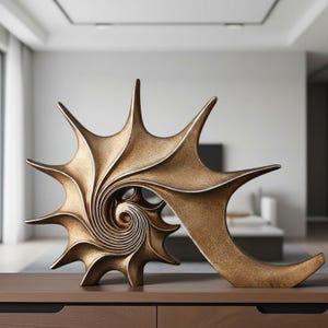 Modern Abstract Conch Shell Statue, Large Resin Ocean Sculpture, Nautical Home Decor for Mantel or Shelf, Champagne Gold & Blue Finishes