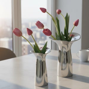 May include: Two silver-colored vases with a unique, flared design, each holding several pink tulips with green leaves. The vases sit on a light-colored table, with a window and cityscape visible in the background. A white mug is also on the table.