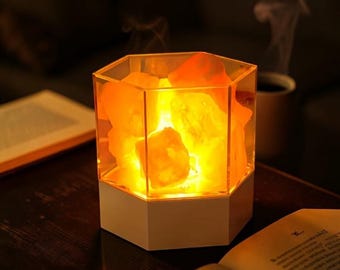 Lámpara de sal del Himalaya, luz nocturna LED de cristal, lámpara de mesa regulable para meditación, yoga y luz ambiental en el dormitorio.