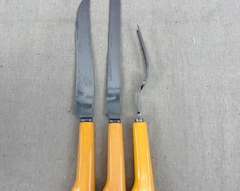 Juego de trinchar Regent Cutlery Deereedge vintage, Sheffield, Inglaterra, baquelita amarilla.