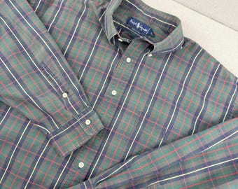 Vintage Ralph Lauren Shirt XL Green Red Blue Plaid Button Down 90s Classic Fit