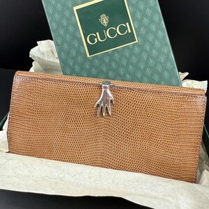 Vintage Gucci Lizard Wallet Sterling Silver 925 Hand Mano Clasp Box Rare 70s