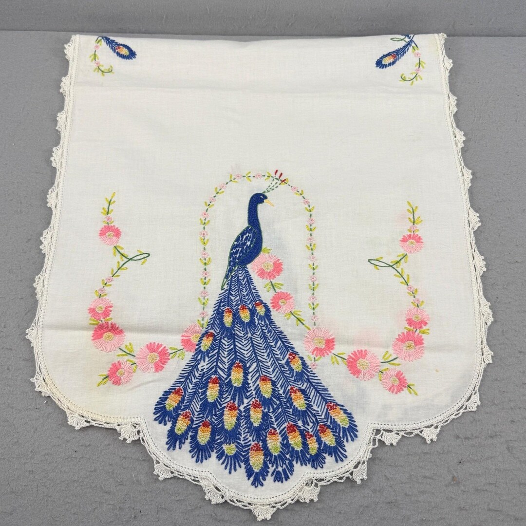 Hand Rummer Vintage Hand Embroidered Peacock Table Runner White Lace Trim Floral ...