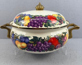 VTG Emaille Schmortopf Schmortopf Obstgarten Obst Muster Messing Griffe unbeschädigt 10"