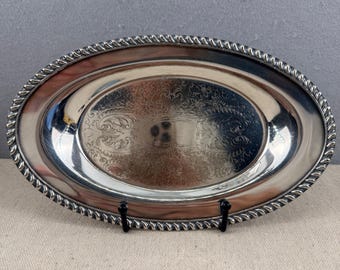 Bandeja de cobre chapada en plata vintage The Crescent Spokane EPC 304 con borde ovalado de cuerda de 9,5".