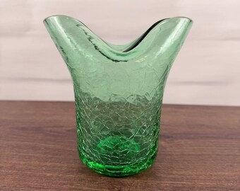 Vintage Green Crackle Glass Vase Pinched Rim Mid Century Blenko Style