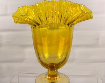 Blenko 388 Lemon Yellow Crimped Ruffle Footed Vase