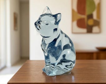 Fenton Blue Glass Sitting Cat Figurine Handcrafted USA Vintage Art Glass