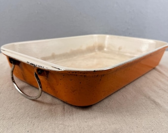 Bandeja para asar Le Creuset vintage color naranja llama, 15x10 cm, con asas plegables, difícil de encontrar, fabricada en Francia.