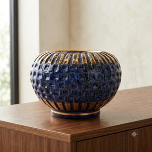 May include: A round ceramic bowl featuring a deep blue glazed finish with a textured grid pattern. The top and bottom edges are accented with vertical gold-toned stripes, creating a contrast against the dark blue centre of the vessel.