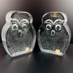 Puede incluir: Dos figuras de búhos de cristal transparente. Cada búho tiene ojos grandes y redondos y un cuerpo texturizado. El vidrio está moldeado para crear la forma del búho, con detalles como plumas y rasgos faciales. Pequeñas etiquetas rectangulares están adheridas a la base de cada figura.