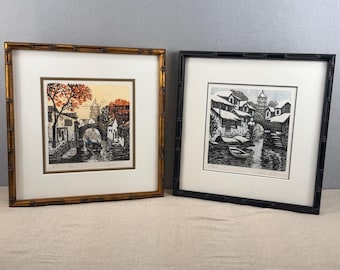 Gesigneerde houtsnedeset Weng Chenghao winter en herfst 'Water Lane' 1987 1992