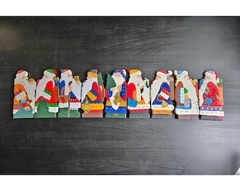 Figuras plegables de madera vintage de Papá Noel para chimenea, estilo arte popular, 9 figuras.