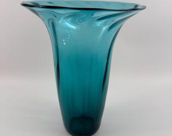 MCM Teal Swirl Optic Flared Glass Vase Blenko Style Pilgrim Rainbow Kanawha