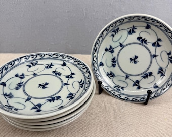 Vintage Set 6 Japanese Blue White Porcelain Appetizer Plates Floral Vine