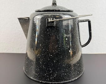 Vintage schwarz gesprenkelte Emaillegeschirr Kaffeekanne großen Cowboy Lagerfeuer Kessel Wasserkocher