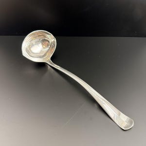 May include: A silver ladle with a rounded bowl and a long, curved handle. The ladle is made of a shiny, reflective metal and is set against a dark background. The handle has a decorative design.