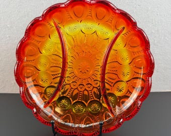 VTG L.E. Smith Amberina Glass Moon and Star 3-delig verdeeld relish dienblad UV-gloed