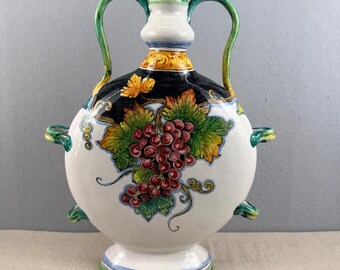 Monumentale Vintage italienische Majolika 20 "Urne Vase Trauben 4 Griff Handgemalt