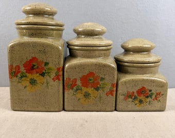 Vintage Clara's keramiek bloemenpot set 3 retro keuken gespikkeld aardewerk