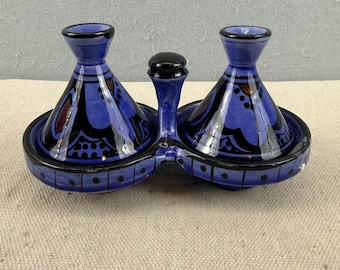Tajine doble marroquí antiguo, salero y pimentero azul pintado a mano Safi
