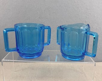 Vintage Indiana Glass Tiara Horizon Blue Colonial Panel Creamer Sugar Set Glows