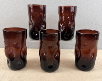 Blenko 418LC Amethyst Purple Crackle Dimple Pinch Glasses 6" MCM Set of 5