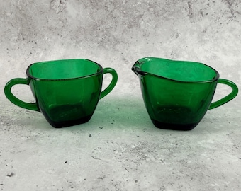 Anchor Hocking Charm Forest Green Creamer and Sugar Bowl Set MCM