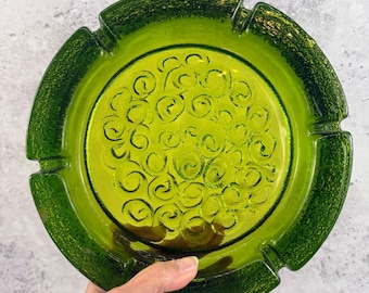 Blenko 675 Swirl Ashtray Olive Green 9" Art Glass MCM Joel Myers