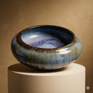 May include: A round ceramic bowl with a wide, curved rim. The glaze features a blend of deep blue, light blue, and earthy brown tones, with a glossy finish that creates a gradient effect from the center of the basin to the outer edge.