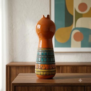 May include: A tall, orange ceramic vase with a bulbous top and a narrow neck. The lower body features horizontal bands of teal, dark brown, and mustard yellow geometric patterns, including squares and small vertical dashes on a smooth surface.