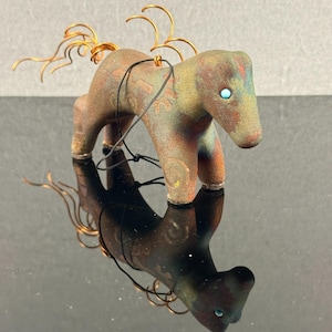 Signed Jeremy Diller Navajo Raku Spirit Horse Pottery Figure Copper Turquoise