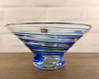 Blenko 8909 Crystal Bowl with Sapphire Blue Spiral Vintage Art Glass
