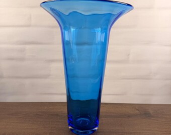Blenko 9314S Azure Blue Glass Flared Vase Vintage 1990s