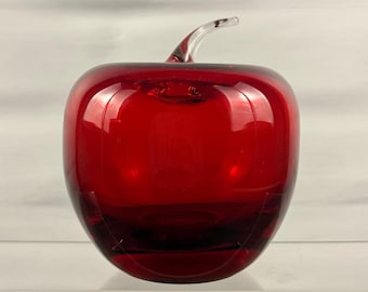 Blenko 882 Ruby Red Art Glass Apple Paperweight Clear Stem USA