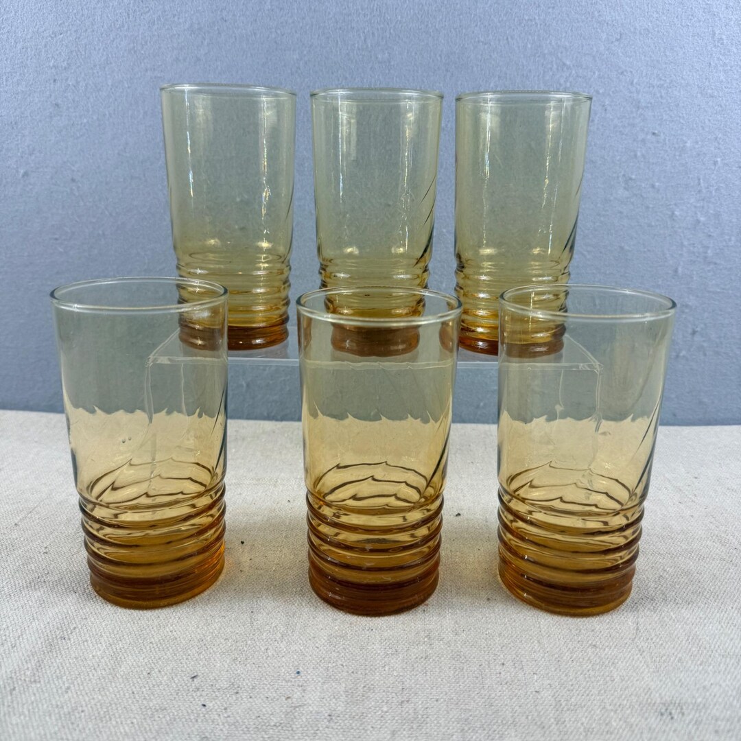 Libbey Ribbed Glassware Vintage Libbey Amber Glass Highball Tumblers Set of 6 Ribbed Base Mid ...