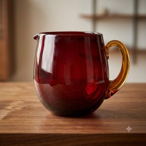 Vintage Hand Blown Ruby Red Glass Pitcher Applied Amber Handle Mid Century