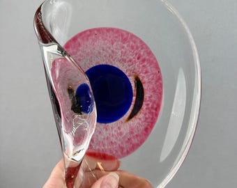 ヴィンテージ ムラーノスタイル ソメルソ アートグラス 折り畳みボウル - ブルー＆アンバー - 現状渡し