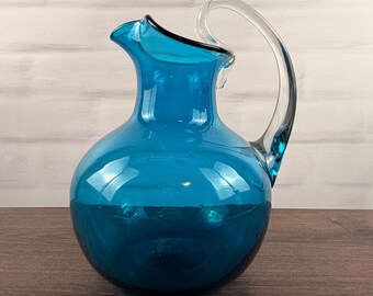 Blenko 544 Turquoise Glass Pitcher Wayne Husted Mid Century Modern