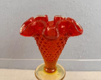 Fenton Amberina Hobnail Ruffled Vase 5" Orange Red Art Glass MCM