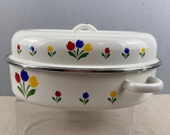 Assadeira vintage floral em esmalte, estilo tulipa, cor branca, 28 cm (11")