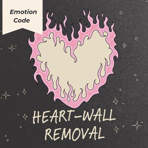 May include: An illustration of a heart shape with pink flames and a cream centre. The text "Emotion Code" is in a white banner, and "HEART-WALL REMOVAL" is below the heart. The background is dark grey with star and circle accents.