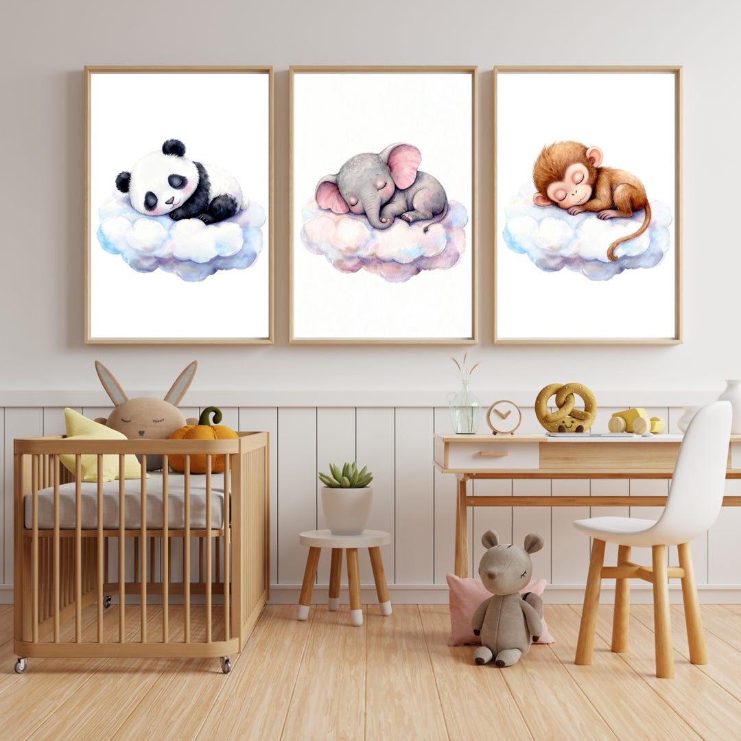 Zoo Animal Nursery Wall Art Set of 3, Monkey Panda Elephant Prints ...
