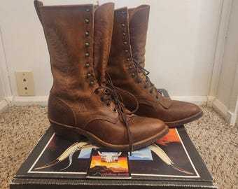 Vintage Abilene Packer laarzen en doos met veters, dames 8,5 m, gemaakt in de VS