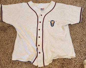 Rara camisa de beisebol vintage estilo faroeste americano com costura simples, tamanho grande.