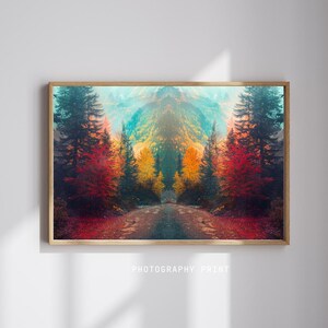 May include: A framed photography print featuring a symmetrical forest scene. The image showcases a path leading through trees with vibrant red, yellow, and green foliage. The text "PHOTOGRAPHY PRINT" is at the bottom.