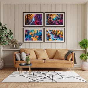 May include: Four framed landscape art prints with vibrant colors of autumn forests and waterways. The artwork features a variety of colorful trees and a river, with a modern sofa and rug in the foreground.