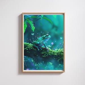 May include: A framed art print featuring a vibrant green frog perched on a moss-covered branch. The frog has blue accents and is set against a lush, teal-colored forest background. The artwork is enclosed in a light brown wooden frame.